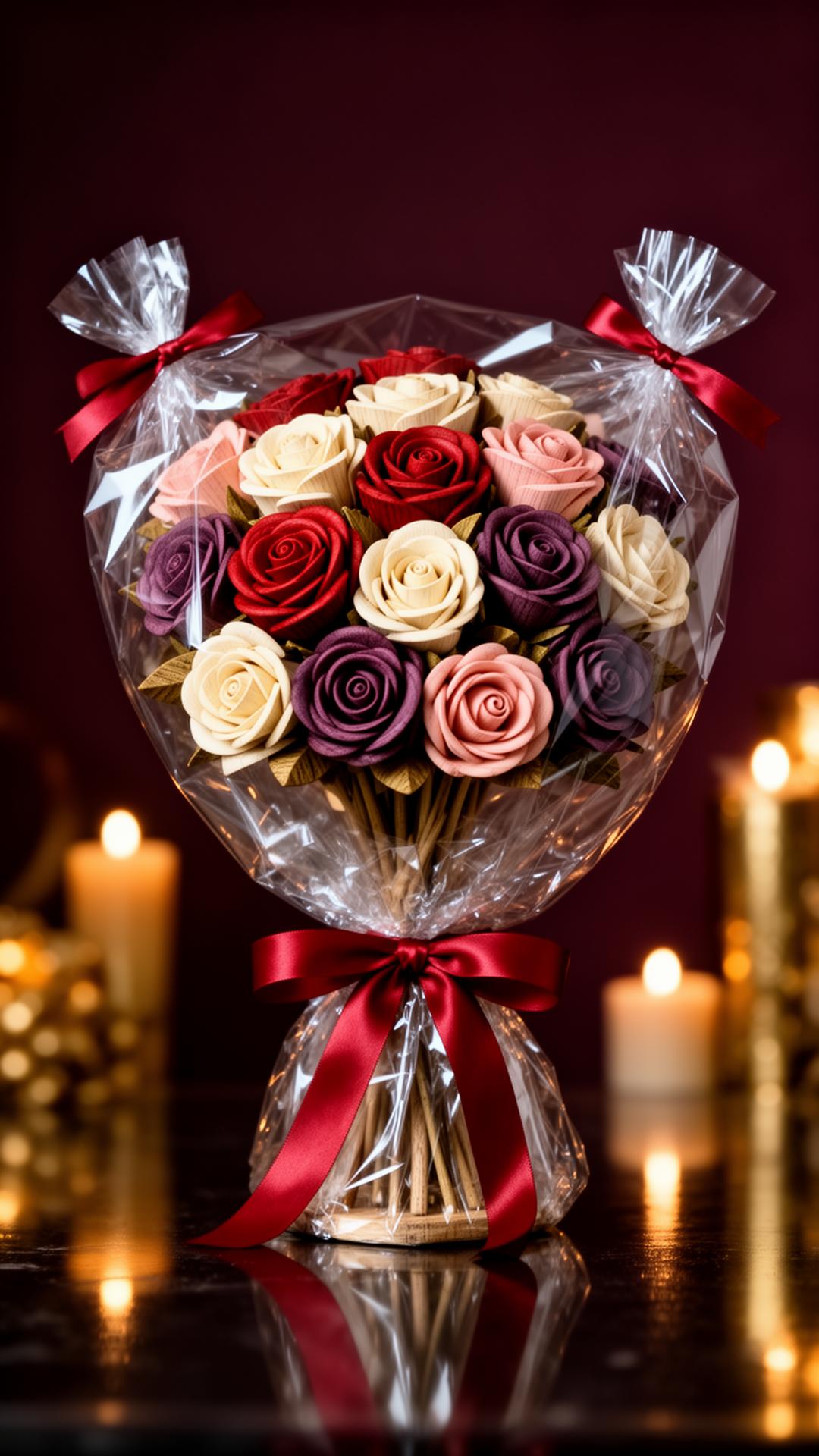 Handcrafted scented wooden rose bouquet wrapped in clear cellophane with red ribbon